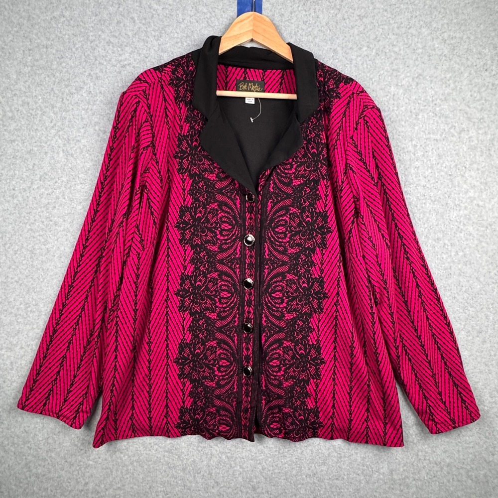 Bob Mackie Jacket Womens 2X Pink Black Wearable Art Damask Artsy Bold Statement